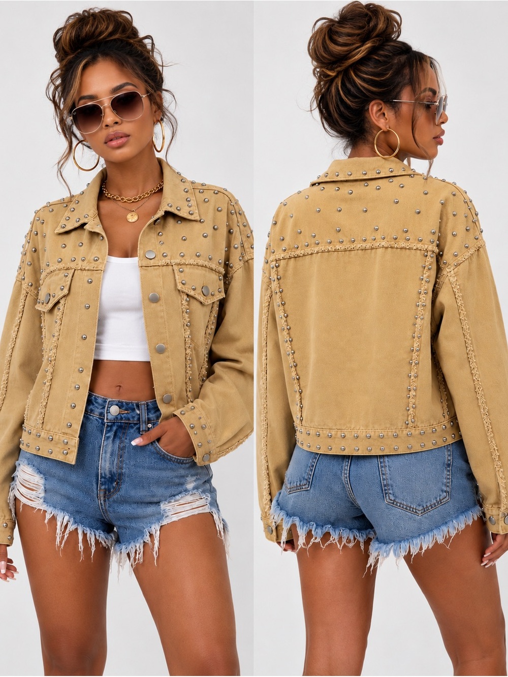 Studded Tan Denim Jacket - Women's Casual Outerwear  ptp 23